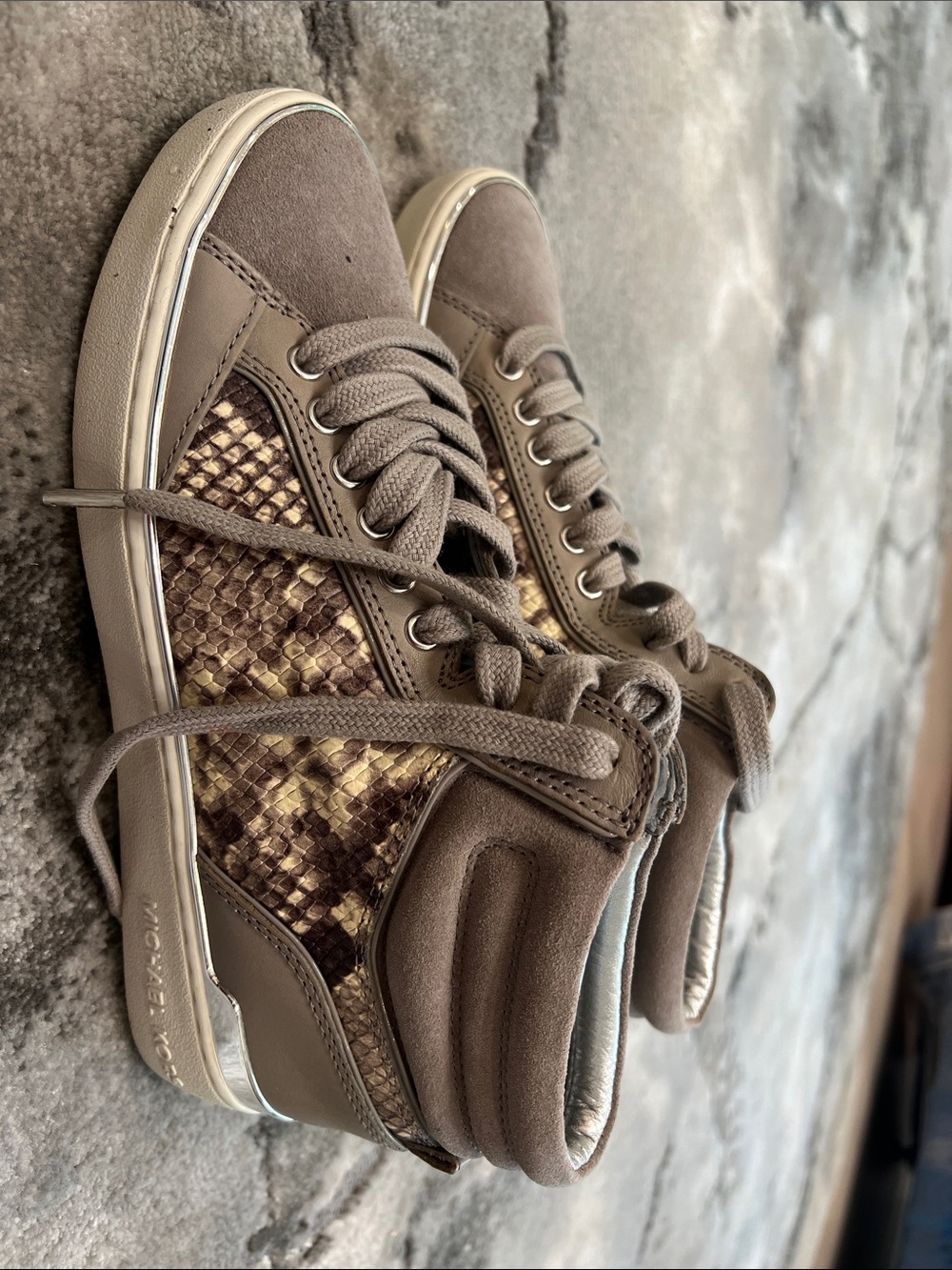 Michael Kors Taupe Snake-Print High-Top Sneakers with Metallic Accents